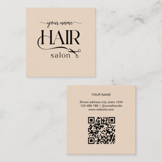 Beige Schaar Script Kapsalon Qr code Vierkante Visitekaartje (Voorkant / Achterkant)