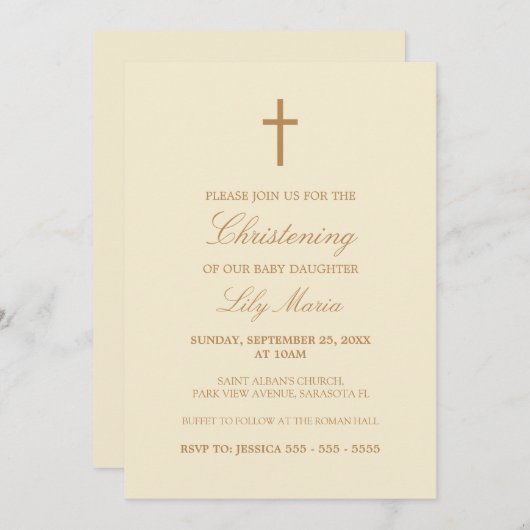 Beige Script Elegant Cream Christening Uitnodiging (Voorkant / Achterkant)