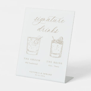 Beige Script Signature Drinken Wedding Reclamebord Met Voetstuk