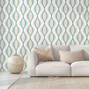 Beige Seafoam Blauwgroen Groen Ivoor Ogee Wave Pat Behang