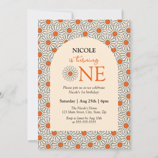 Beige Sinaasappel Daisies Bloemenboog 1e Verjaarda Kaart (Voorkant)