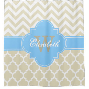 Beige Sky Blauw Wit Marokkaans #5 Chevron 1IQRN Douchegordijn