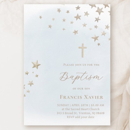 beige stars on pastel blue sky | Baptism Kaart