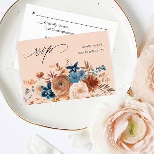 Beige & Stofblauw Bloemmotief met maaltijd RSVP - Kaartje
