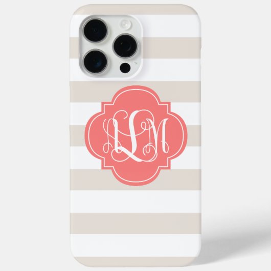 Beige strepen en koraalmonogram Case-Mate iPhone case (Achterkant)
