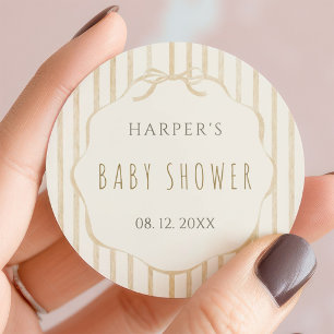 Beige Strepen met Geschulpte Lijst Baby Shower Ronde Sticker