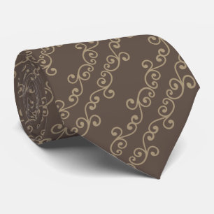 Beige Swirl Vector Pattern on Brown Stropdas