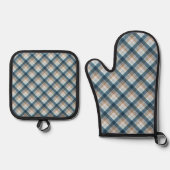 Beige Tan Bruin Donkerblauw Plaid Gingham Patroon Ovenwant & Pannenlap Set (Voorkant)