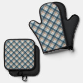 Beige Tan Bruin Donkerblauw Plaid Gingham Patroon Ovenwant & Pannenlap Set (Voorkant / Achterkant)