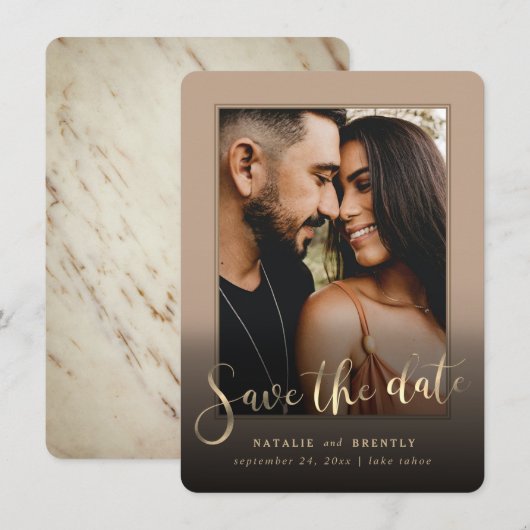 Beige Tan Gold Script & marble Photo Overlay Save The Date (Voorkant / Achterkant)