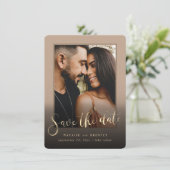 Beige Tan Gold Script & marble Photo Overlay Save The Date (Staand voorkant)