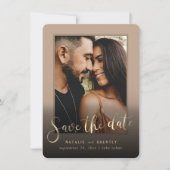 Beige Tan Gold Script & marble Photo Overlay Save The Date (Voorkant)