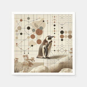 Beige Taupe Pinguïn in Geometriepatroon en Natuur Servet