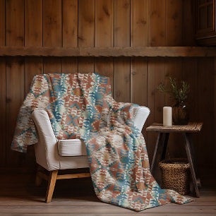 Beige Taupe Rood Bruin Blauwgroen Blauw Tribal Art Fleece Deken