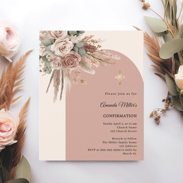 Beige taupe roses arch Confirmation invitation (Creator heeft geüpload)