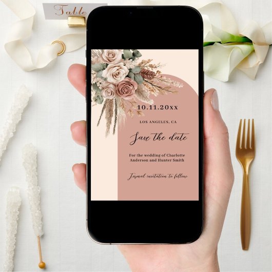 Beige taupe rozen pampas boogbruiloft save the date