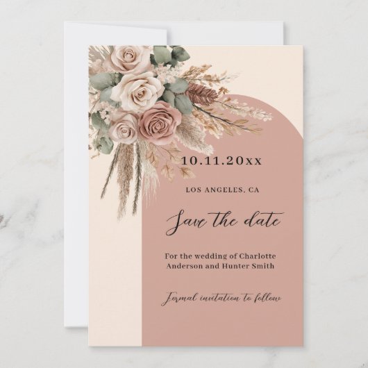 Beige taupe rozen pampas boogbruiloft save the date (Voorkant)