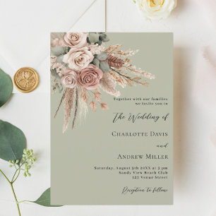 Beige taupe rozen pampas salie groen luxe bruiloft kaart
