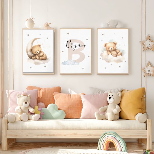 Beige Teddy Bear Nursery Wall Art Set Moon & Cloud