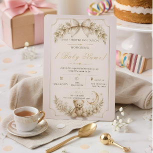 Beige Teddybeer Babyshower Uitnodiging