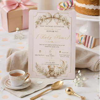 Beige Teddybeer Babyshower Uitnodiging