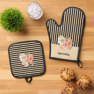 Beige top met bruine strepen Bloemen Ovenwant & Pannenlap Set