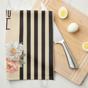 Beige top met bruine strepen Bloemen Theedoek