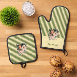 Beige Top met Olijfgroene Strepen Bloemen Ovenwant & Pannenlap Set