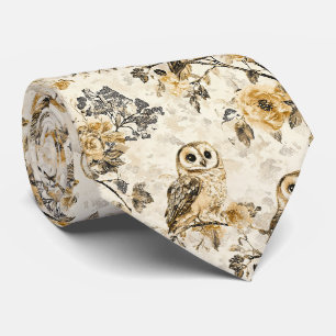 Beige Uil Cottagecore Bloemmotief Stropdas