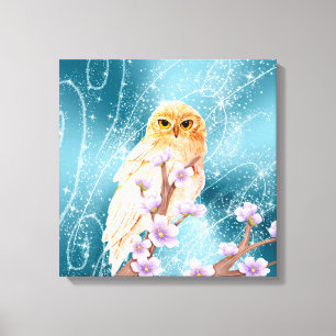 Beige Uil op Paarse Bloementak Magische Sparkle Canvas Afdruk