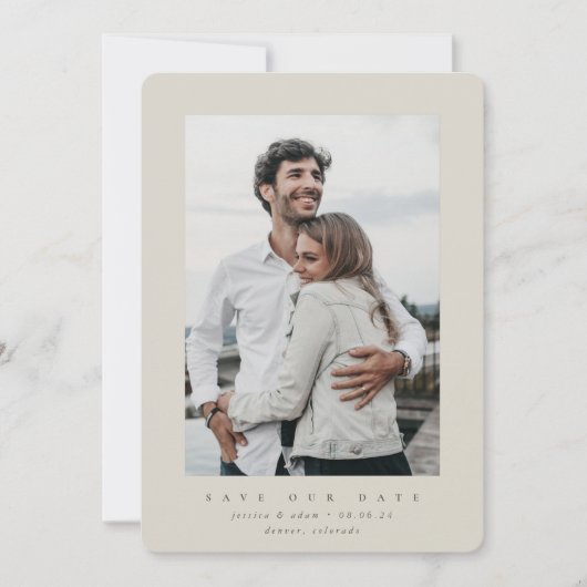Beige Ultra Minimal sparen de datum aankondiging (Voorkant)