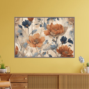 Beige Verbrand Sinaasappel Dusty Navy Blue Floral Canvas Afdruk
