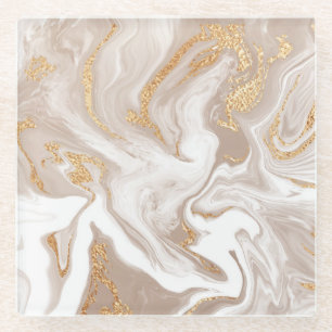Beige vloeibaar marmer, gouden lijnkunst. glazen onderzetter