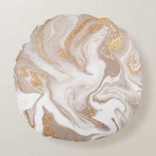 Beige vloeibaar marmer, gouden lijnkunst. rond kussen