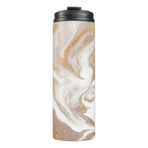 Beige vloeibare marmer met glittergoud thermosbeker