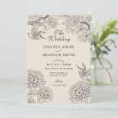 beige Vogel Hydrangea Bloemen bruiloft Kaart (Staand voorkant)