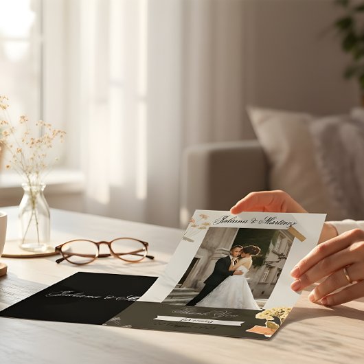 Beige Wedding Invitation with Bride & Groom Photo Kaart