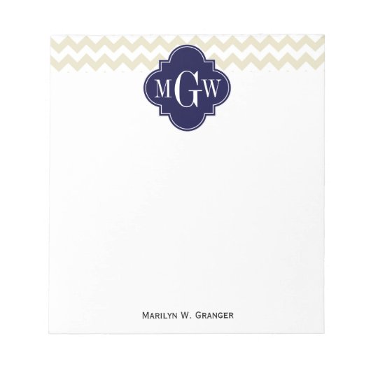 Beige White Chevron Navy Quatrefoil 3 Monogram Notitieblok (Voorkant)