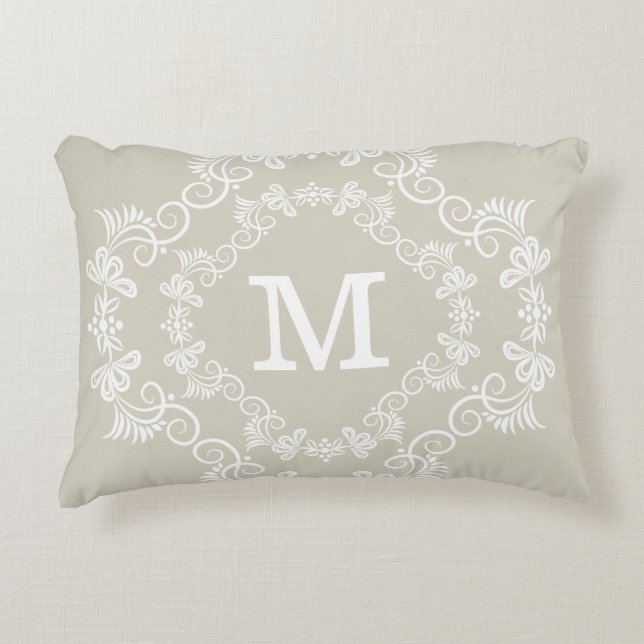 Beige White Custom Monogram Decorative Decoratief Kussen (Voorkant)