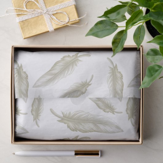 Beige White Feathers Pattern Tissuepapier (Geschenk)