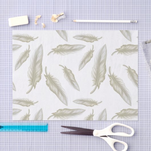 Beige White Feathers Pattern Tissuepapier (Craft)