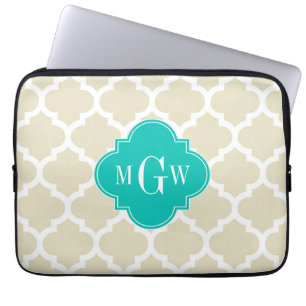 Beige White LG Chevron Blauwgroen naam Monogram Laptop Sleeve