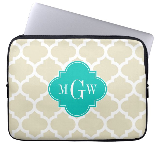 Beige White LG Chevron Blauwgroen naam Monogram Laptop Sleeve (Voorkant)