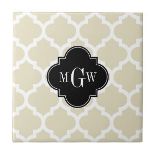 Beige, White Moroccan #5 Black 3 Initiaal monogram Tegeltje