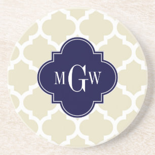 Beige, White Moroccan #5 Navy 3 Initiaal Monogram Zandsteen Onderzetter