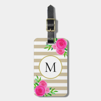 Beige White Stripe Pink Waterverf Floral Monogram Bagagelabel
