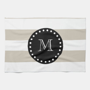 Beige White Stripes Pattern, Black Monogram Theedoek