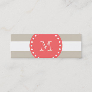Beige White Stripes Pattern Coral Monogram Mini Visitekaartje
