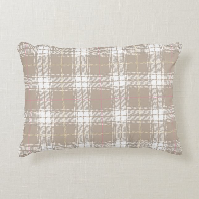 Beige White Tartan Patroon Rustisch Accent Kussen (Voorkant)