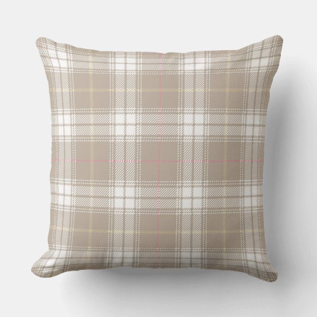 Beige White Tartan Patroon Rustisch Kussen (Voorkant)